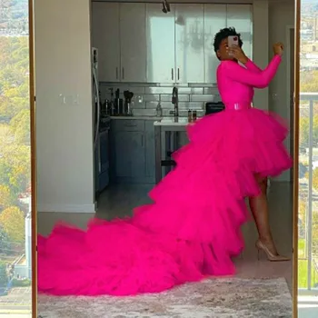 Elegantné Tylu Tutu Vysoká Nízka Sukne s Dlhý Vlak Viazané Opuchnuté Dlho Ženy Sukne na Prom Party Šaty Hot Pink Večer Sukne