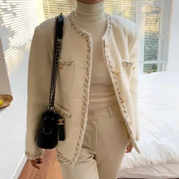 Elegantné Singel svojim Elegantným Vlna Bavlna Outwear Kabát Ženy, NOVÉ Zimné Luxusná Zmes 2022 Oblečenie Pevné Bunda Lištovanie Vrecku